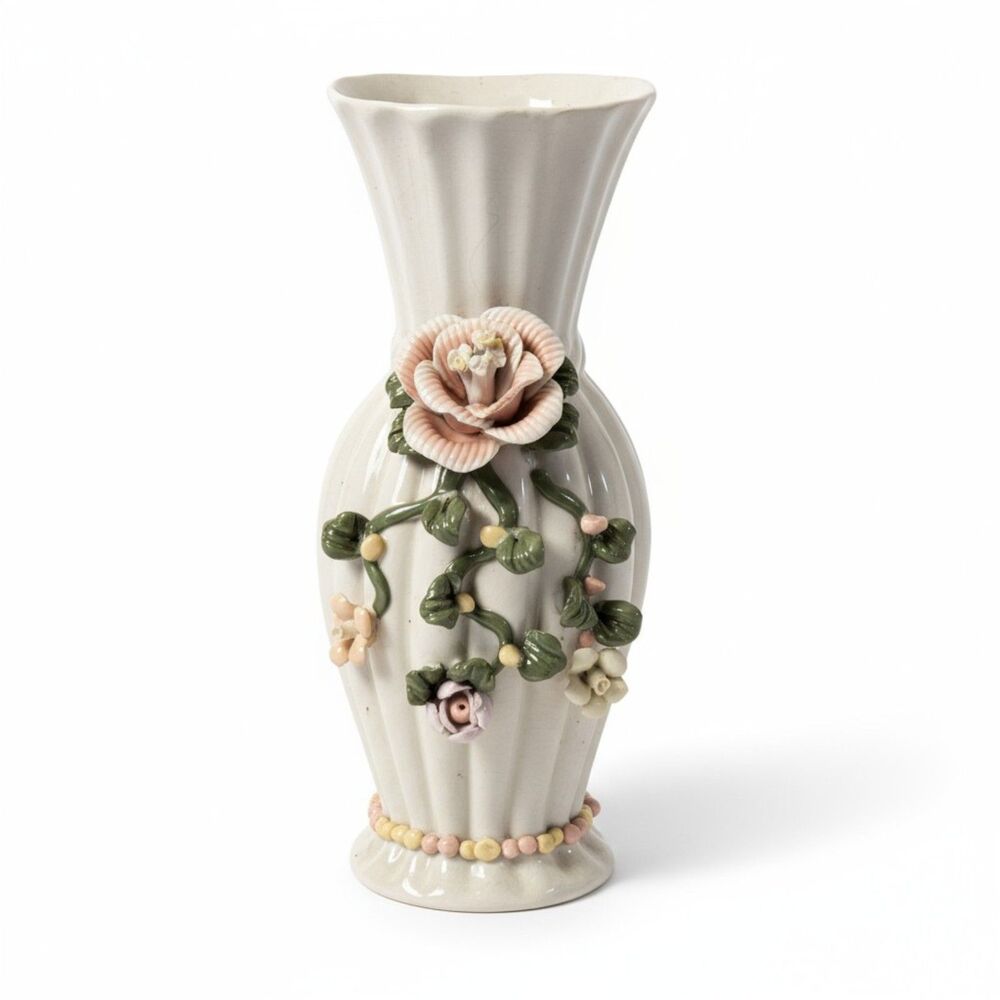 Sophia-Ann Floral Vase White with Pink 3D Flowers --ITEM #3537